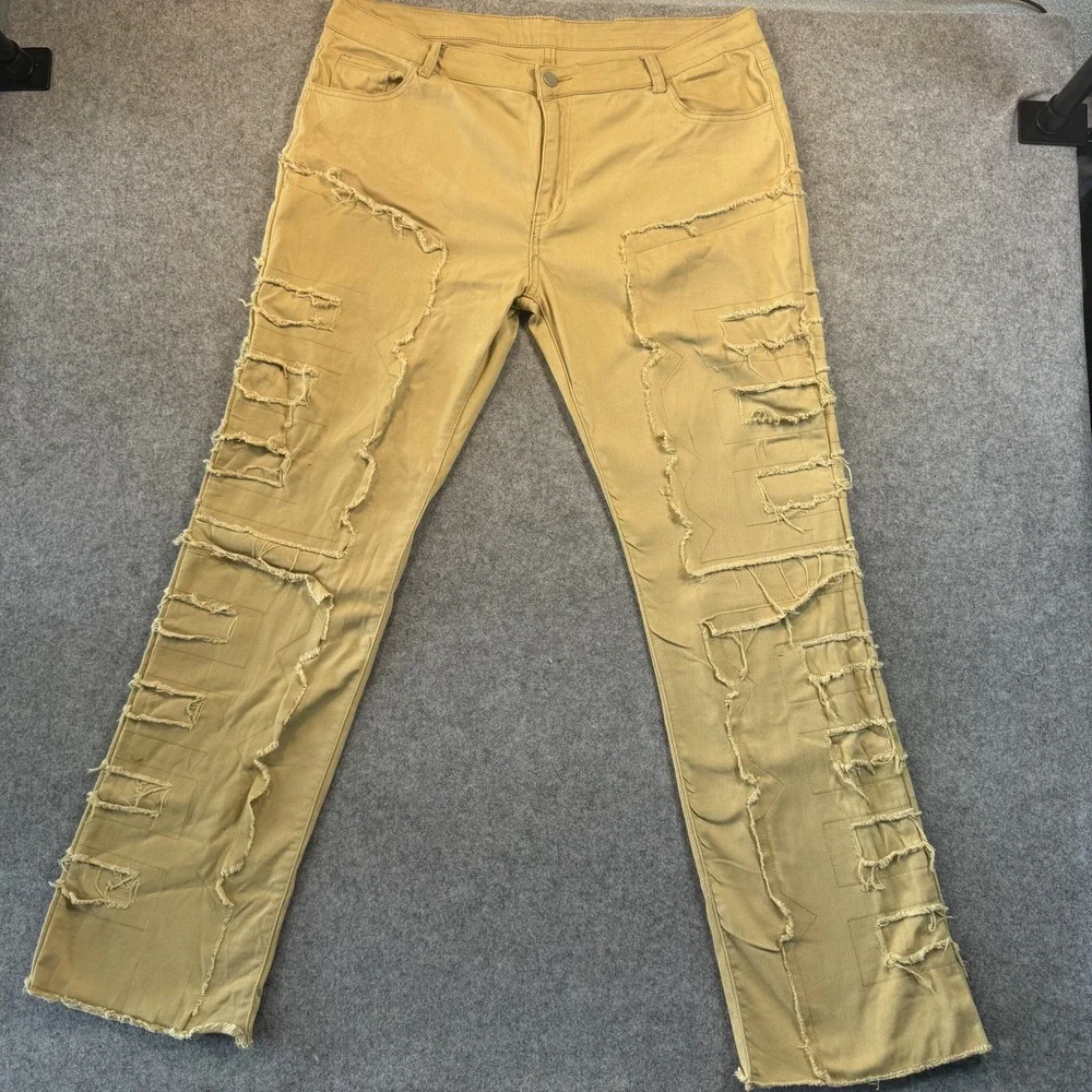 Unbranded Distressed Patchwork Pants 38 Khaki Frayed Streetwear Detail